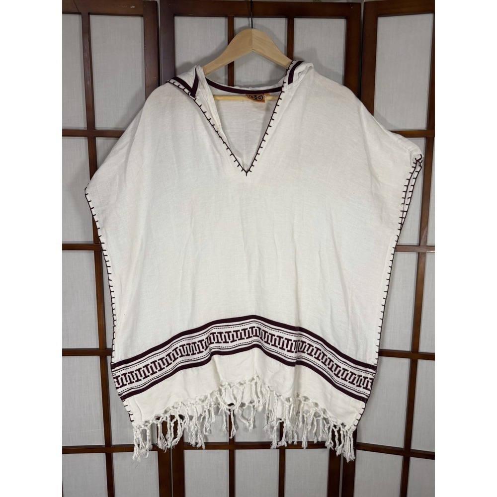 Tory Burch Woven Cotton Hooded Poncho Cover Up Ivory Burgundy Fringe Indie Beach